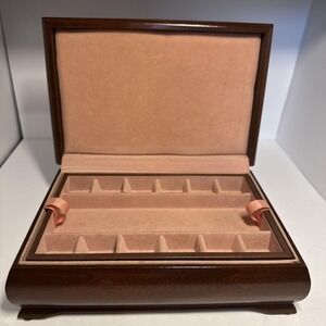 Vintage Wood Jewelry Box 2 Tier Removable Tray Peach Velvet Lining Brown